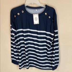 La Mode Navy and White Striped Long Sleeve Top Size L NWT